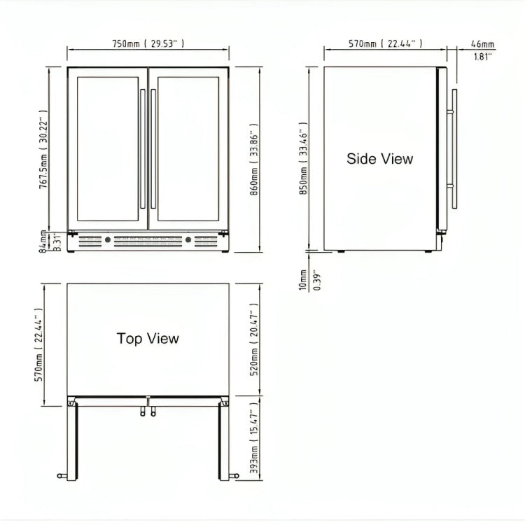 KingsBottle beer and Wine Fridge Combo Dimensions Schematic