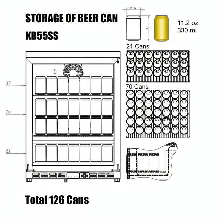 KingsBottle 123 Litre Heating Glass Door Under Bench Beverage Fridge KB55MRHH Can Layout 