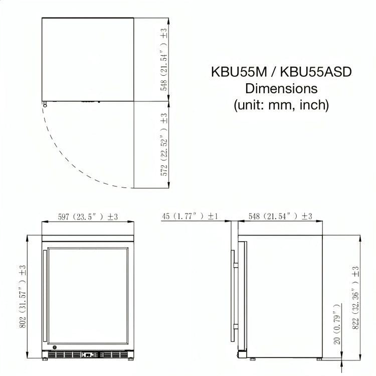 KingsBottle 123 Litre Heating Glass Door Under Bench Beverage Fridge KB55MRHH Dimensions